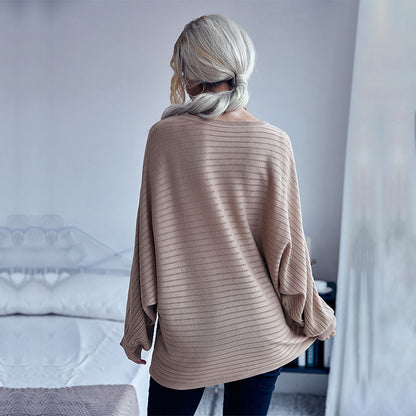 Oversized Ribbed Pullover with Batwing Sleeves