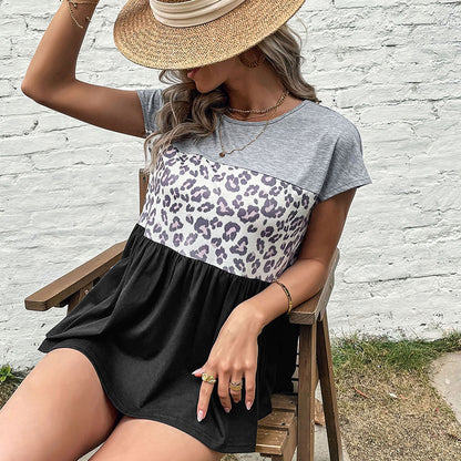 Leopard Print Patchwork Peplum Top with Short Sleeves