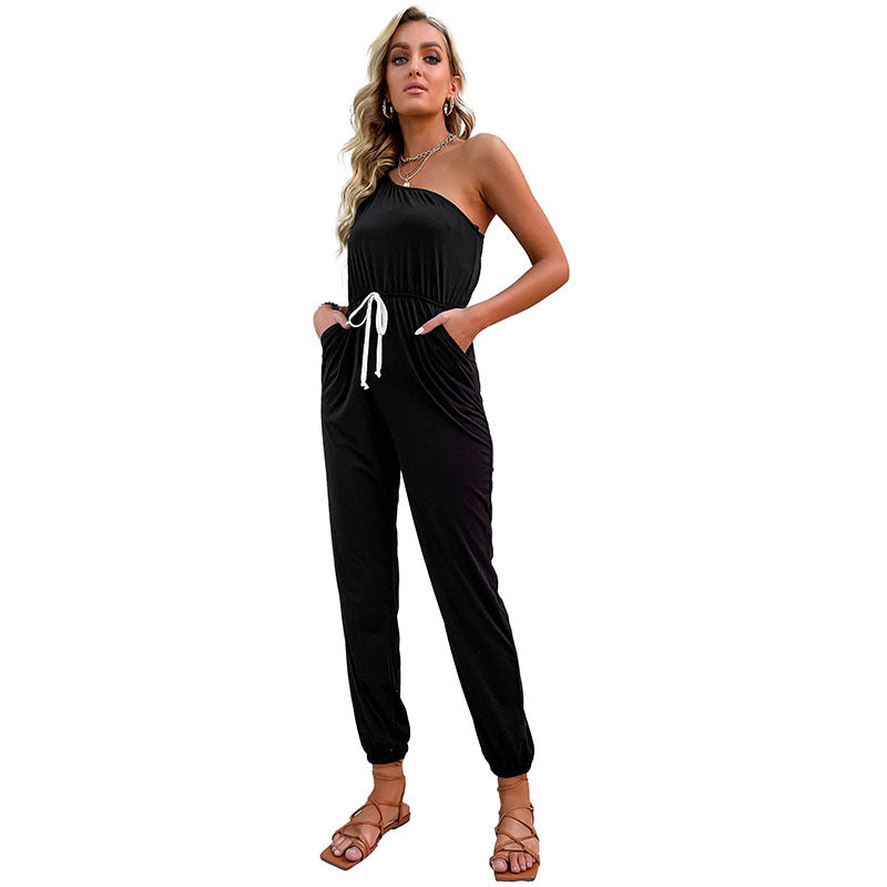 One-Shoulder Jumpsuit with Drawstring Waist and Tapered Leg
