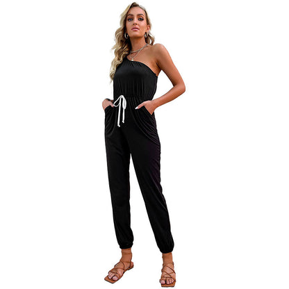 One-Shoulder Jumpsuit with Drawstring Waist and Tapered Leg