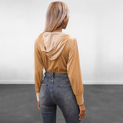 Long-Sleeve Hooded Velour Bodysuit with Front Zipper