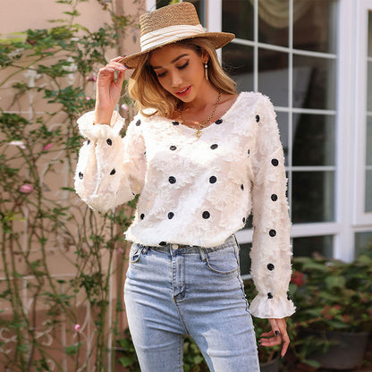 Polka Dot V-Neck Blouse with Textured Detail and Flounce Cuffs