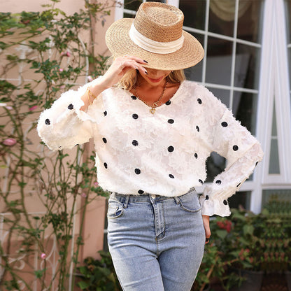 Polka Dot V-Neck Blouse with Textured Detail and Flounce Cuffs
