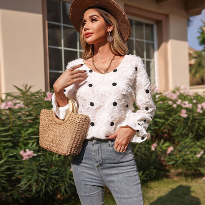 Polka Dot V-Neck Blouse with Textured Detail and Flounce Cuffs