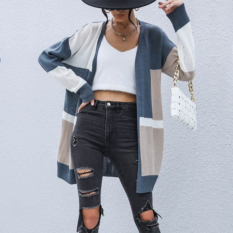 Color-Blocked Longline Cardigan with Open Front