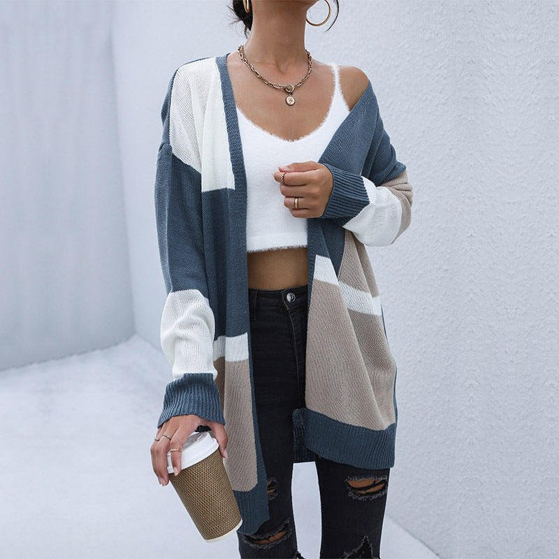 Color-Blocked Longline Cardigan with Open Front