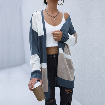 Color-Blocked Longline Cardigan with Open Front