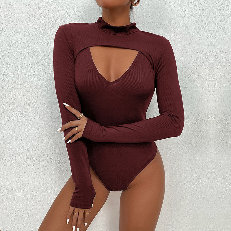 Ribbed Long-Sleeve Bodysuit with Mock Neck and Chest Cutout