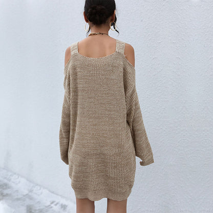 Loose-Fit Knit Mini Dress with Cold-Shoulder Cutouts