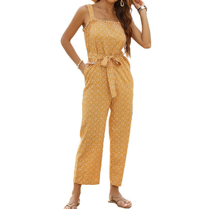 Polka Dot Wide-Leg Jumpsuit with Tie-Waist and Ruffle Trim