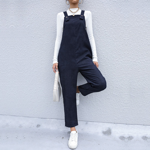 Loose Corduroy Overalls with High Waist and Button Detail