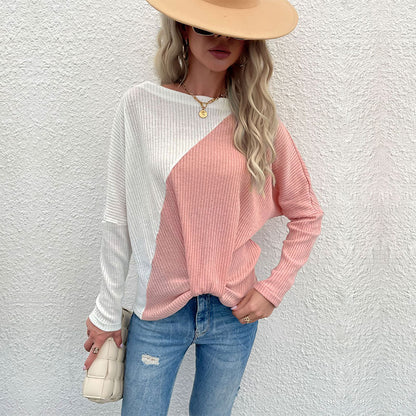 Color-Blocked Ribbed Knit Top with Off-Shoulder Neckline