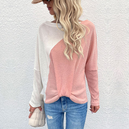 Color-Blocked Ribbed Knit Top with Off-Shoulder Neckline