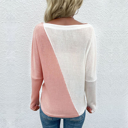 Color-Blocked Ribbed Knit Top with Off-Shoulder Neckline