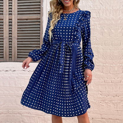 Polka Dot Pleated Midi Dress with Ruffled Shoulders