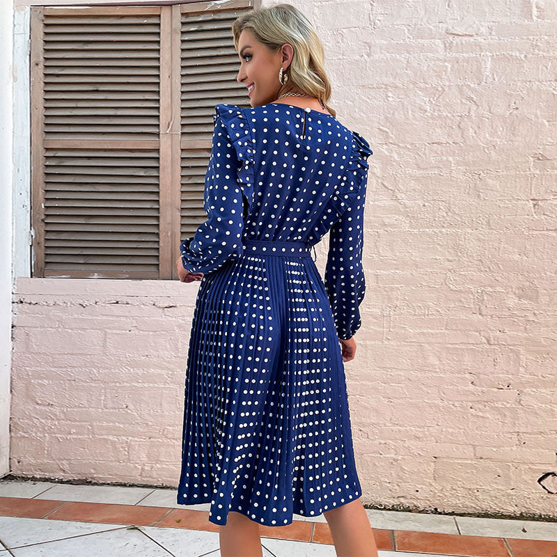Polka Dot Pleated Midi Dress with Ruffled Shoulders