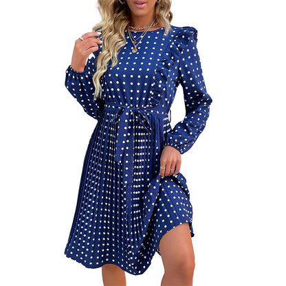 Polka Dot Pleated Midi Dress with Ruffled Shoulders