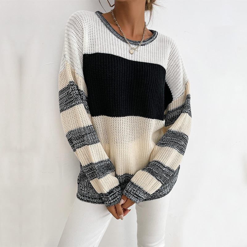 Color-Blocked Loose Knit Pullover with Crewneck