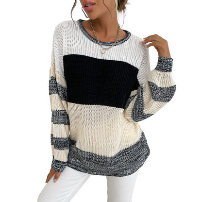 Color-Blocked Loose Knit Pullover with Crewneck