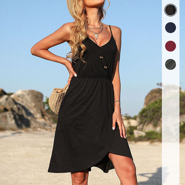Solid V-Neck Midi Dress with Irregular Hem and Button Detail