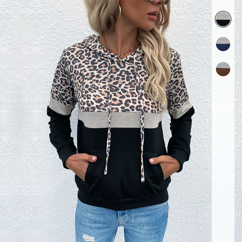 Leopard Print Color-Block Hoodie with Kangaroo Pocket