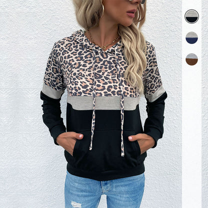 Leopard Print Color-Block Hoodie with Kangaroo Pocket
