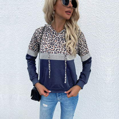 Leopard Print Color-Block Hoodie with Kangaroo Pocket