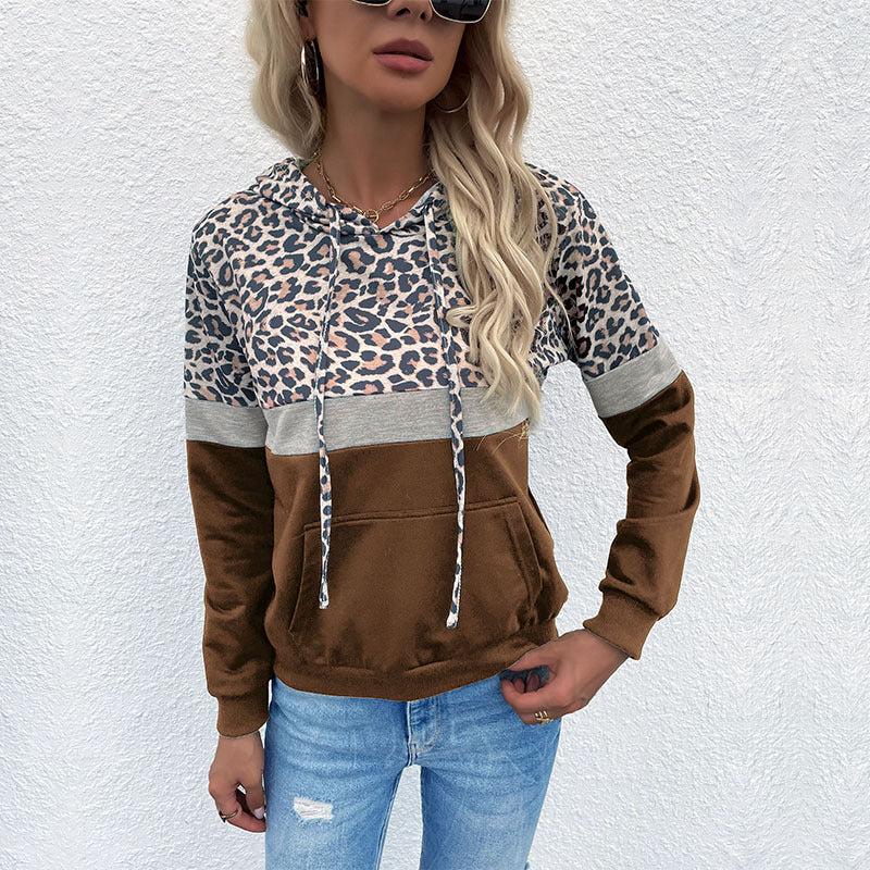 Leopard Print Color-Block Hoodie with Kangaroo Pocket
