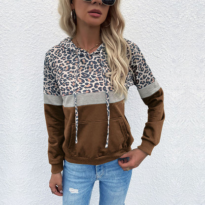 Leopard Print Color-Block Hoodie with Kangaroo Pocket