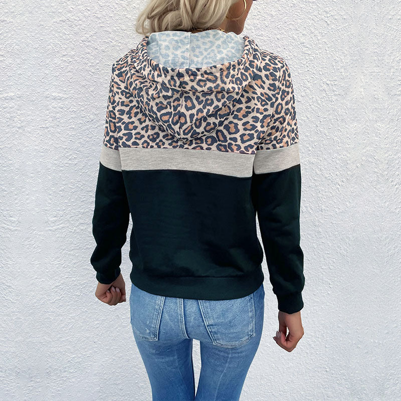 Leopard Print Color-Block Hoodie with Kangaroo Pocket