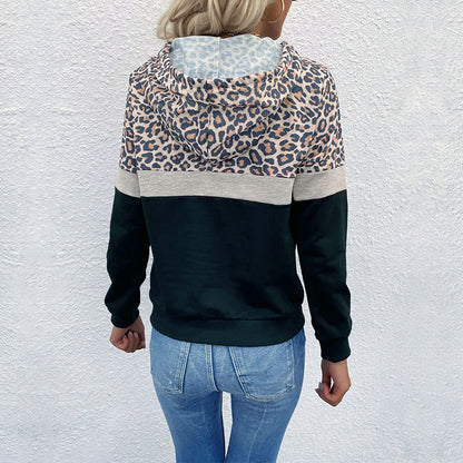 Leopard Print Color-Block Hoodie with Kangaroo Pocket