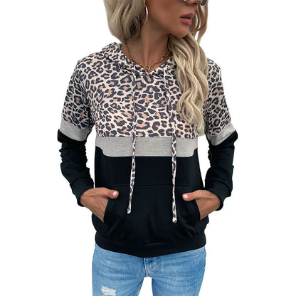 Leopard Print Color-Block Hoodie with Kangaroo Pocket