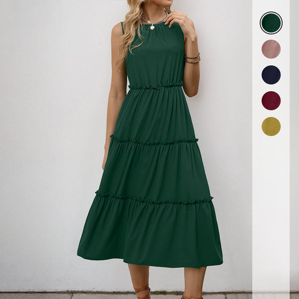 Tiered A-Line Midi Dress with Crewneck and Ruffle Trim