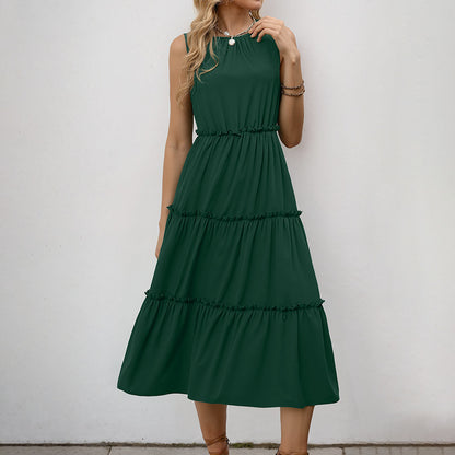 Tiered A-Line Midi Dress with Crewneck and Ruffle Trim