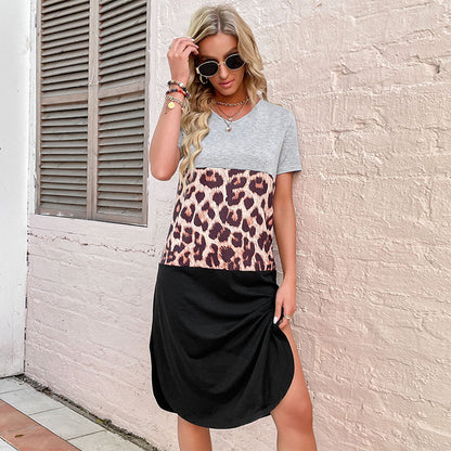 Leopard Print Patchwork T-Shirt Dress with V-Neck and Side Slit