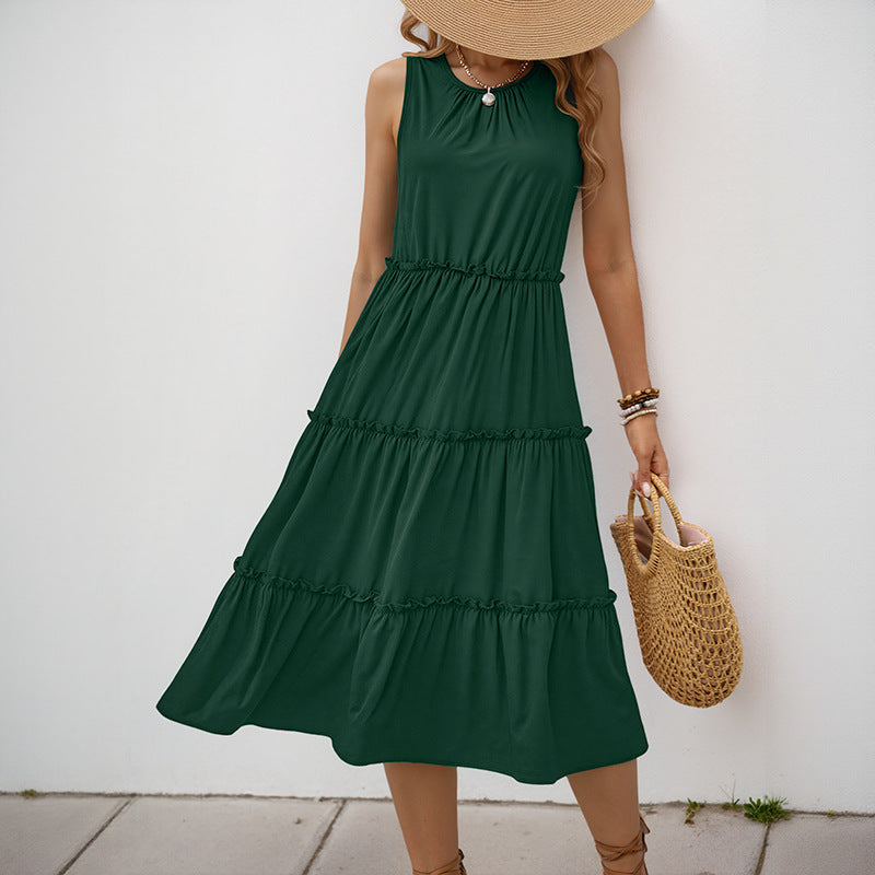 Tiered A-Line Midi Dress with Crewneck and Ruffle Trim
