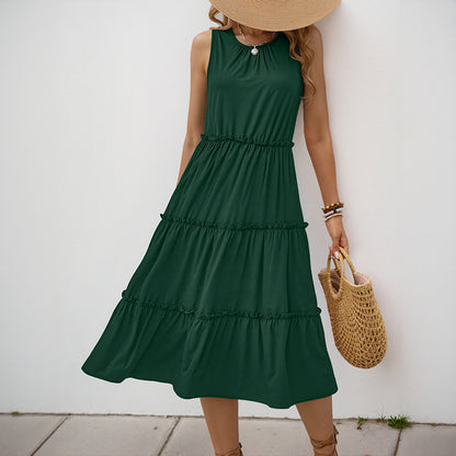 Tiered A-Line Midi Dress with Crewneck and Ruffle Trim