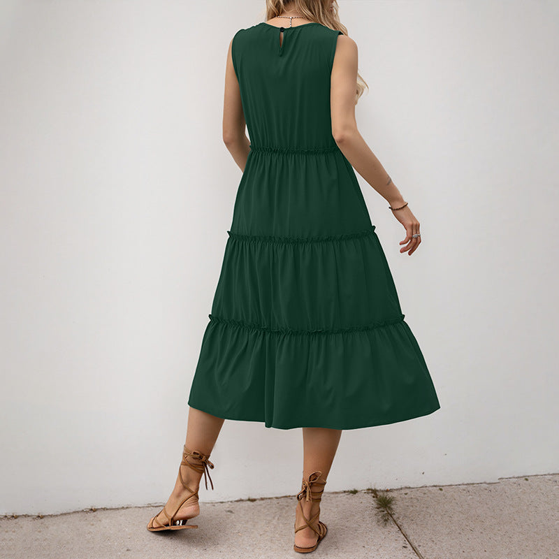 Tiered A-Line Midi Dress with Crewneck and Ruffle Trim