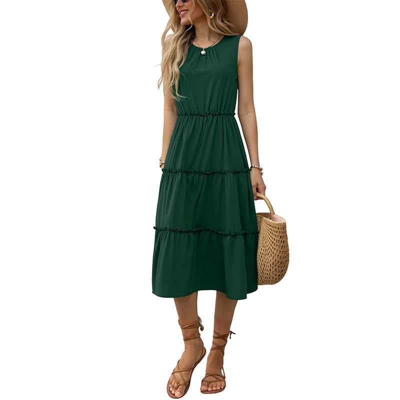 Tiered A-Line Midi Dress with Crewneck and Ruffle Trim