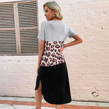 Leopard Print Patchwork T-Shirt Dress with V-Neck and Side Slit