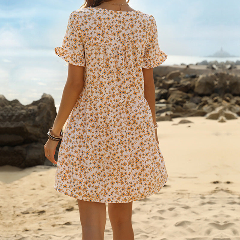 Floral Print A-Line Mini Dress with Ruffled Sleeves
