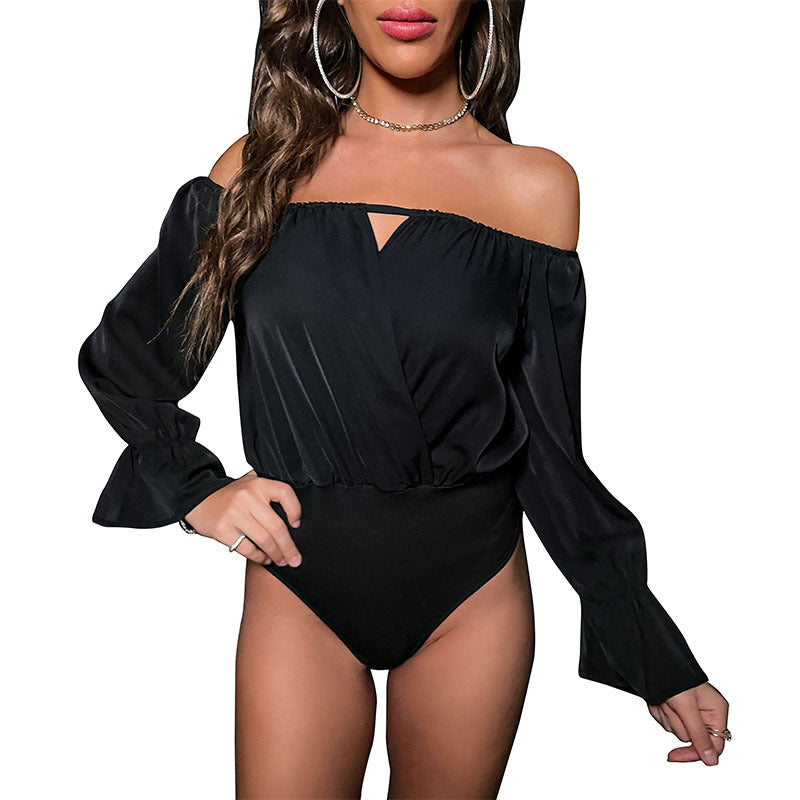 Off-the-Shoulder Wrap Bodysuit with Flared Cuffs and Cutout