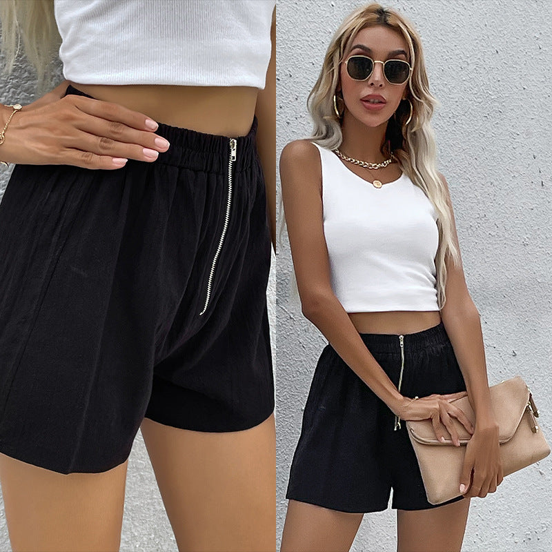 High-Waist Wide-Leg Shorts with Exposed Front Zipper