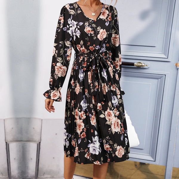 Floral Print Pleated Midi Dress with V-Neck and Ruffle Cuffs