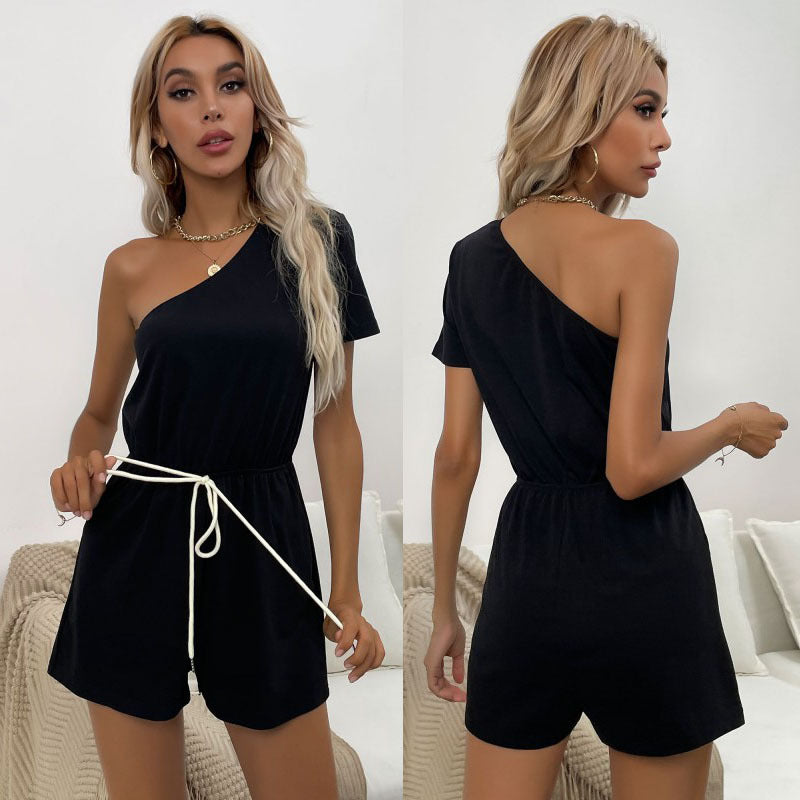 One-Shoulder Short Sleeve Romper with Contrast Tie Waist