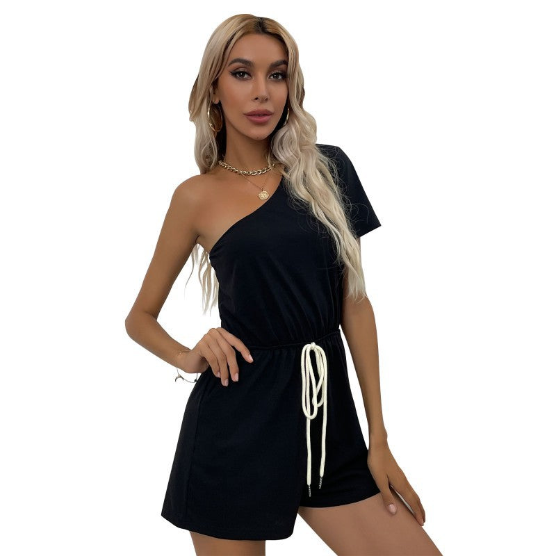 One-Shoulder Short Sleeve Romper with Contrast Tie Waist