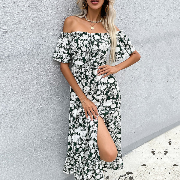 Floral Print A-Line Midi Dress with Off-the-Shoulder Neckline