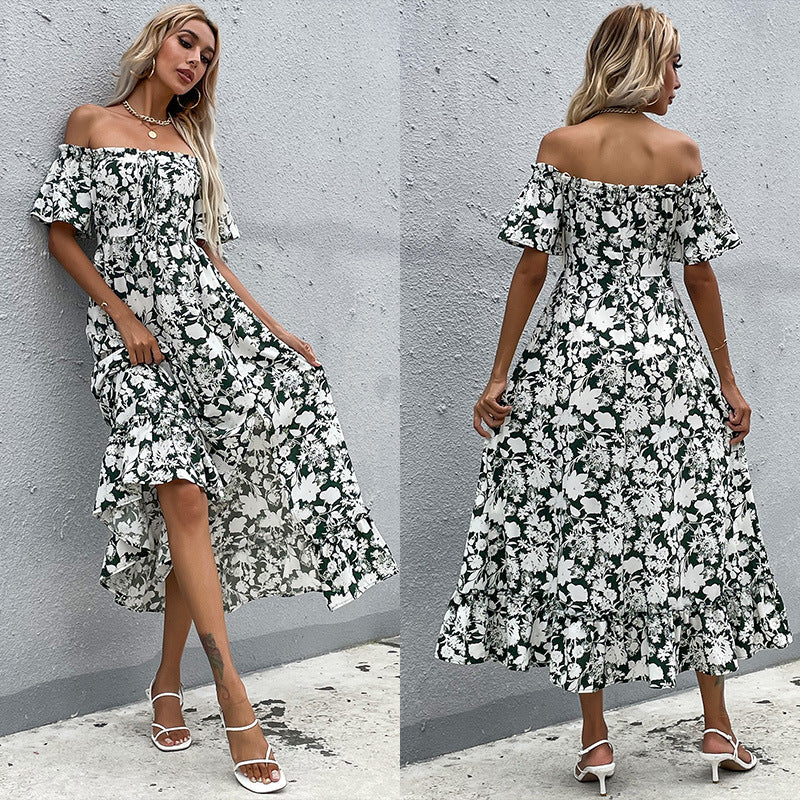 Floral Print A-Line Midi Dress with Off-the-Shoulder Neckline