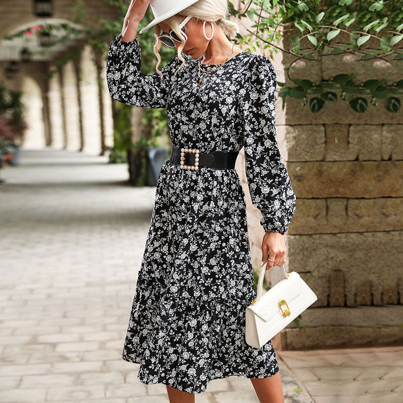 Floral A-Line Midi Dress with Long Sleeves and Tiered Hem