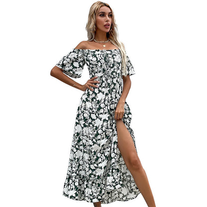Floral Print A-Line Midi Dress with Off-the-Shoulder Neckline